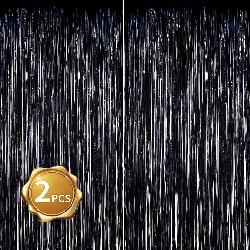 BEISHIDA 2 Pack Foil Fringe Curtain,Black Tinsel Metallic Curtains, Photo Backdrop Streamer Curtain for Halloween Wedding Bridal Shower Birthday Bachelorette Graduation Party Decor(3.28 ft x 6.56 ft) - Image 1